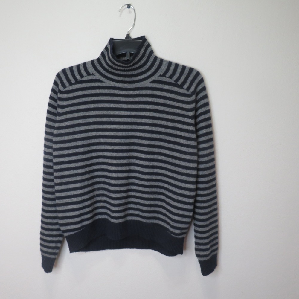 Vince Navy Blu Gray Striped Cashmere Turtleneck Sweater Small Raglan Sleeve Knit